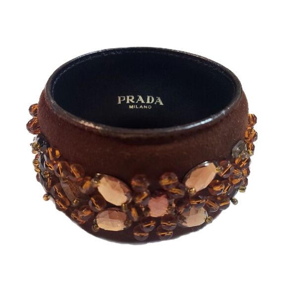 Prada -ONLY ONE- Brown Leather & Crystal Jewel Bangle Bracelet w/ Box, Authentic - Picture 2 of 7